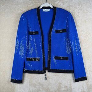 St John Evening Royal Blue Sequin Zip Front Cardigan Jacket Size 10